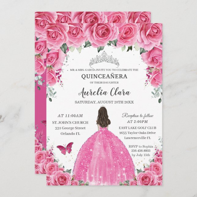 Pink Fuchsia Floral Silver Quinceañera Princess XV Invitation (Front/Back)
