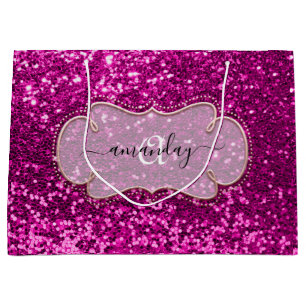 Pink Fuchsia Framed Royal Monogram Name Glitter Large Gift Bag