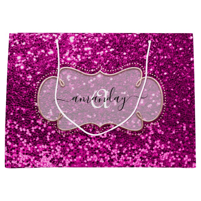 Pink Fuchsia Framed Royal Monogram Name Glitter Large Gift Bag (Front)