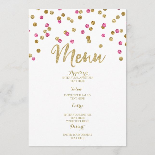 Pink Fuchsia Gold Confetti Wedding Menu (Front)