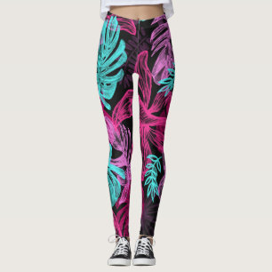 Pink Fuchsia Green Leaves Pattern Leggings