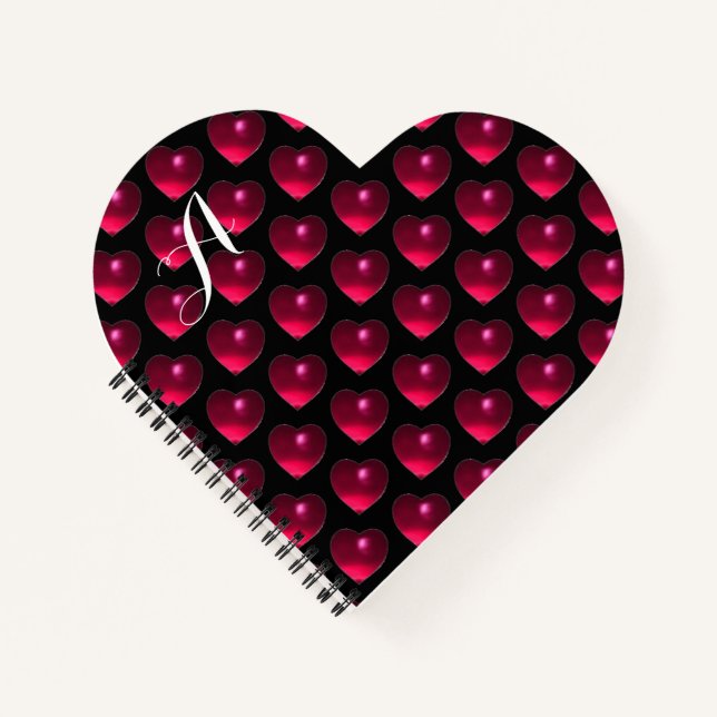 PINK FUCHSIA HEARTS ,BLACK Valentines Day Monogram Notebook (Front)
