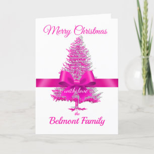 Pink Fuchsia Holiday Tree Ribbon Bow Custom Name Card