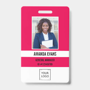 Pink Fuchsia Photo Employee Logo QR CODE Security ID Badge