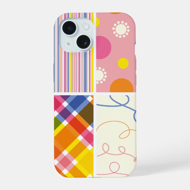 Pink Fuchsia Plaid Stripes Dots Scribbles Pattern iPhone 15 Case (Back)