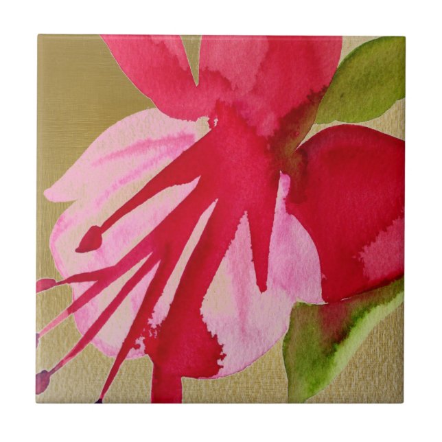 Pink Fuchsia pop art watercolour flower Ceramic Tile (Front)
