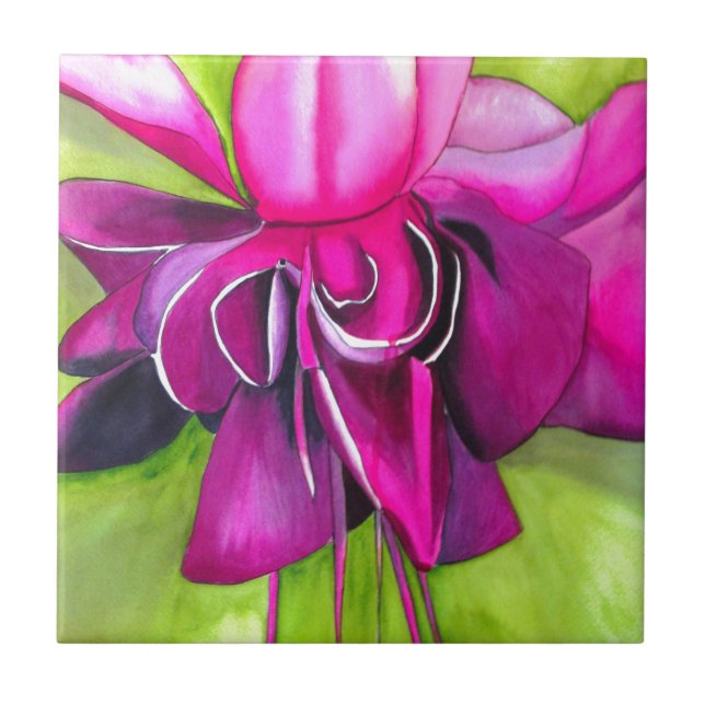Pink Fuchsia pop art watercolour flower Ceramic Tile (Front)