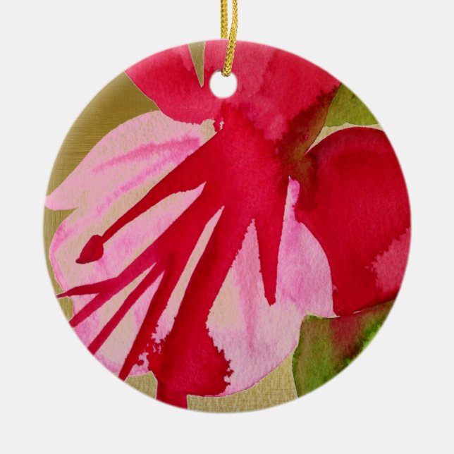 Pink Fuchsia pop art watercolour flower Ceramic Tree Decoration (Front)