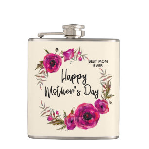 Pink Fuchsia Poppies  Best Mum Ever - Mother's Day Hip Flask