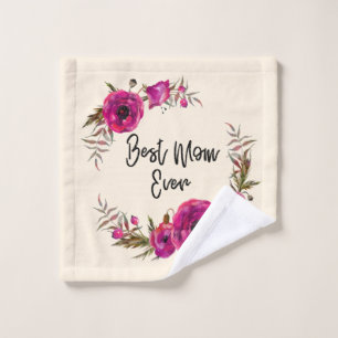 Pink Fuchsia Poppy Wreath Best Mum Ever Bath Towel Set