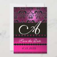 PINK FUCHSIA PURPLE DAMASK MONOGRAM Black