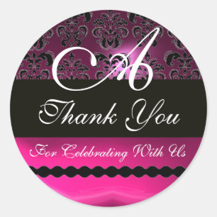 PINK FUCHSIA PURPLE DAMASK MONOGRAM, violet Classic Round Sticker