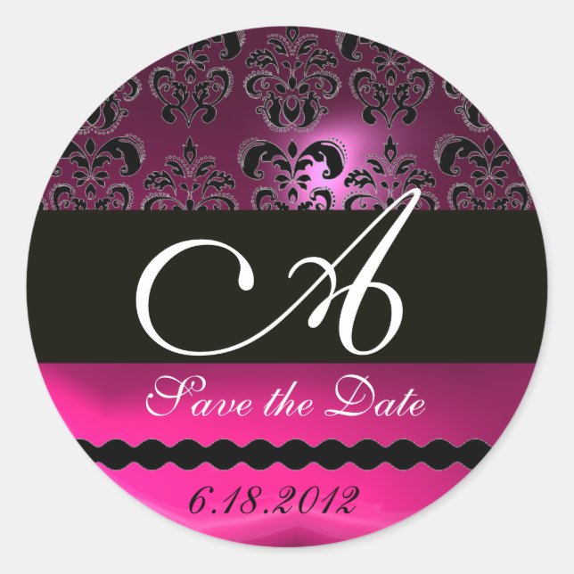 PINK FUCHSIA PURPLE DAMASK MONOGRAM, violet Classic Round Sticker (Front)