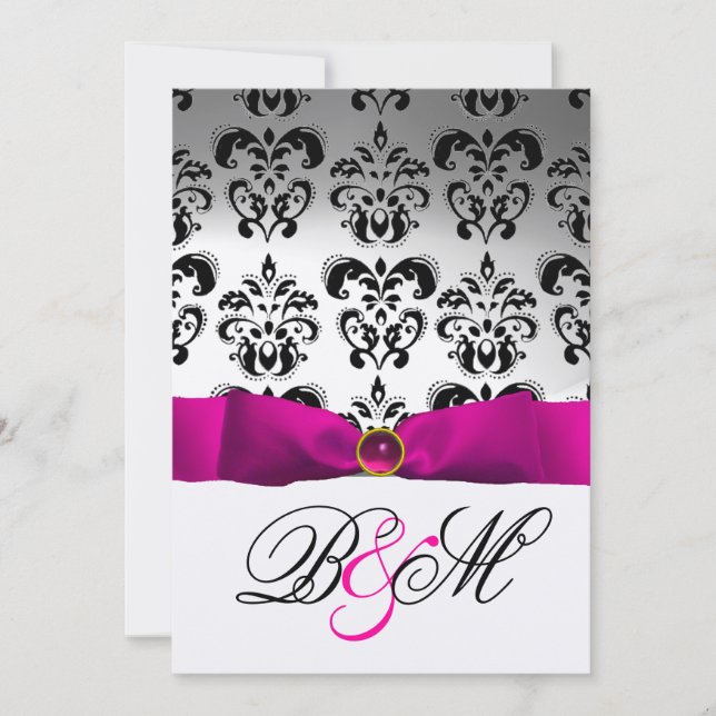 PINK FUCHSIA RIBBON GOLD BLACK  DAMASK MONOGRAM INVITATION (Front)