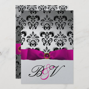 PINK FUCHSIA RIBBON SILVER BLACK DAMASK MONOGRAM INVITATION