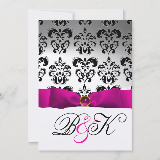 PINK FUCHSIA RIBBON WHITE BLACK  DAMASK MONOGRAM INVITATION (Front)