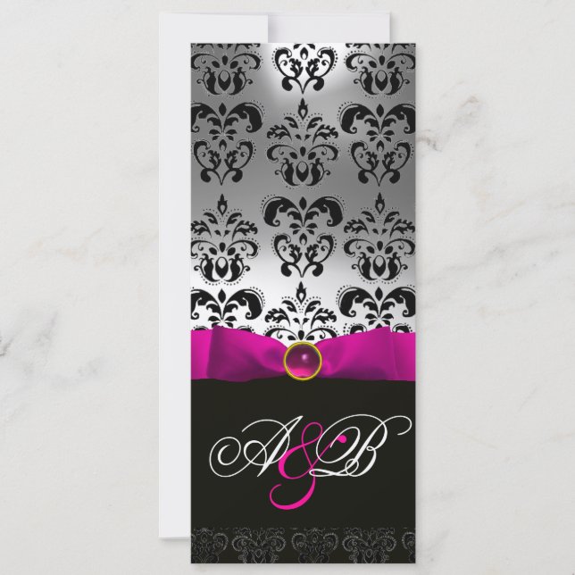 PINK FUCHSIA RIBBON WHITE BLACK DAMASK MONOGRAM INVITATION (Front)