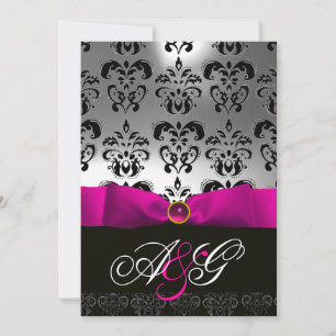 PINK FUCHSIA RIBBON WHITE BLACK  DAMASK MONOGRAM INVITATION