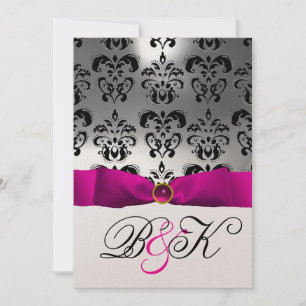 PINK FUCHSIA RIBBON WHITE BLACK  DAMASK MONOGRAM INVITATION