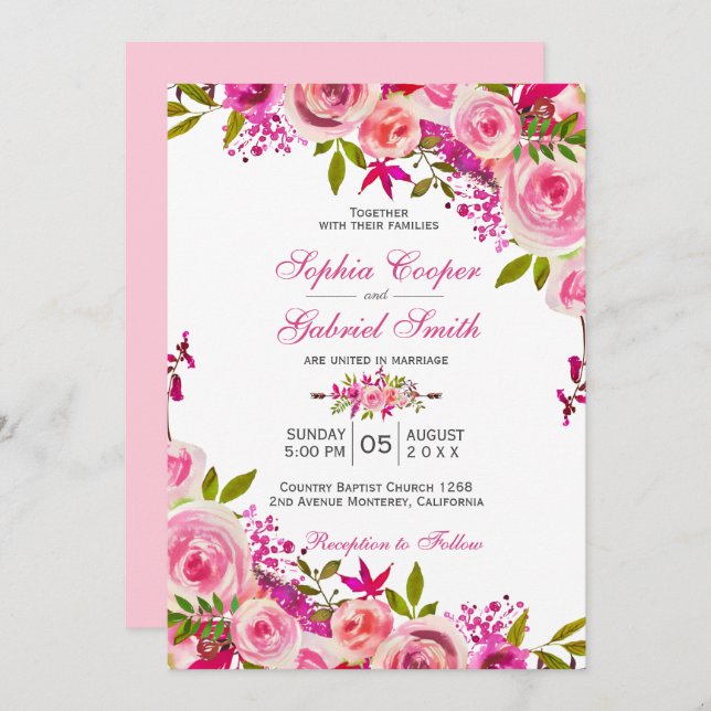 Pink Fuchsia Rose Botanical Floral Wedding Invitation (Front/Back)