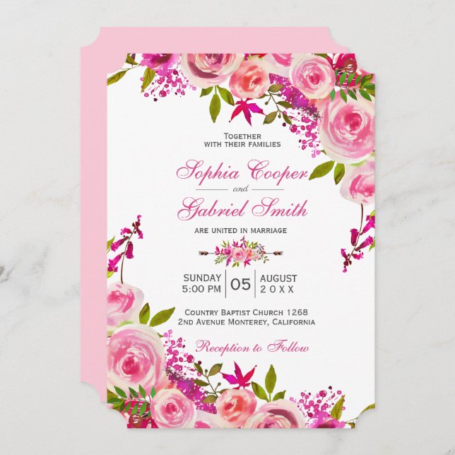 Pink Fuchsia Rose Botanical Floral Wedding Invitation (Front/Back)