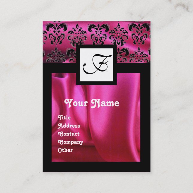 PINK FUCHSIA SILK DAMASK CLOTH ,SQUARE MONOGRAM BUSINESS CARD (Front)