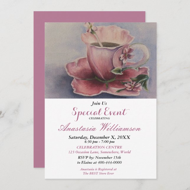 PINK FUCHSIA TEACUP PARTY EVENT INVITE (Front/Back)
