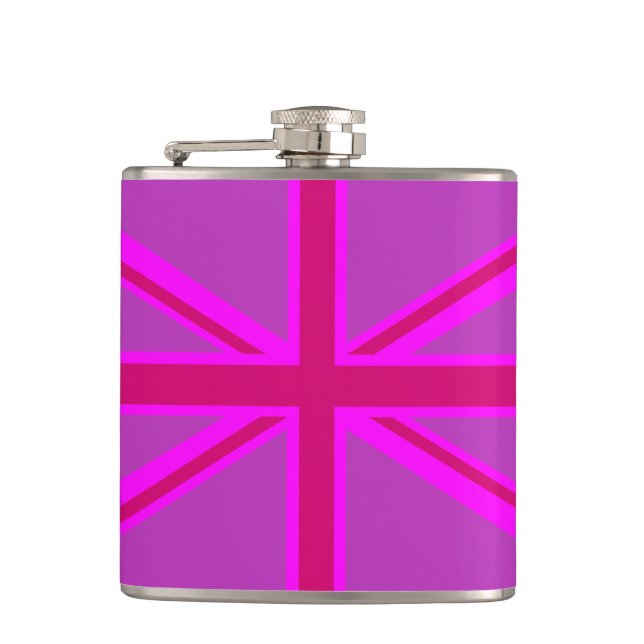 Pink Fuchsia Union Jack Flag Design Hip Flask (Front)