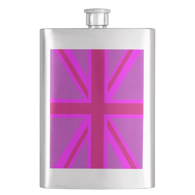 Pink Fuchsia Union Jack Flag Design Hip Flask (Front)