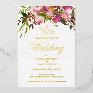 Pink Fuchsia  Wedding   Real Gold Foil Invitation
