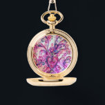 PINK FUCHSIA WHIMSICAL FLOURISHES WITH HEART WATCH<br><div class="desc">Colourful,  fuchsia, red, white purple, violet, blue pink blossoms and blooms in Spring .Watercolor painting with golden and silver foil byBulgan Lumini (c)</div>