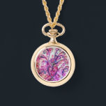 PINK FUCHSIA WHIMSICAL FLOURISHES WITH HEART WATCH<br><div class="desc">Colourful,  fuchsia, red, white purple, violet, blue pink blossoms and blooms in Spring .Watercolor painting with golden and silver foil byBulgan Lumini (c)</div>