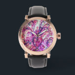 PINK FUCHSIA WHIMSICAL FLOURISHES WITH HEART WATCH<br><div class="desc">Colourful,  fuchsia, red, white purple, violet, blue pink blossoms and blooms in Spring .Watercolor painting with golden and silver foil byBulgan Lumini (c)</div>