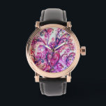 PINK FUCHSIA WHIMSICAL FLOURISHES WITH HEART WATCH<br><div class="desc">Colourful, fuchsia, red, white purple, violet, blue pink blossoms and blooms in Spring .Watercolor painting with golden and silver foil byBulgan Lumini (c)</div>