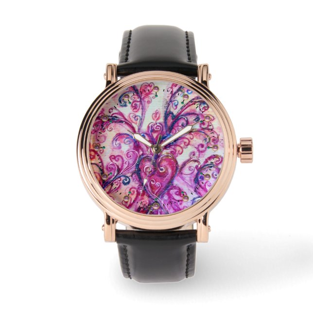 PINK FUCHSIA WHIMSICAL FLOURISHES WITH HEART WATCH (Front)