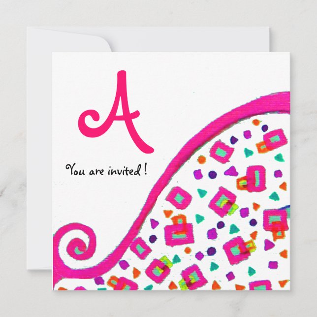 PINK FUCHSIA WHITE ABSTRACT DECO SQUARE MONOGRAM INVITATION (Front)