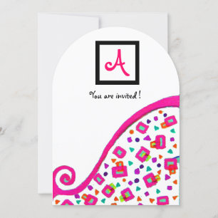 PINK FUCHSIA WHITE ABSTRACT DECO SQUARE MONOGRAM INVITATION