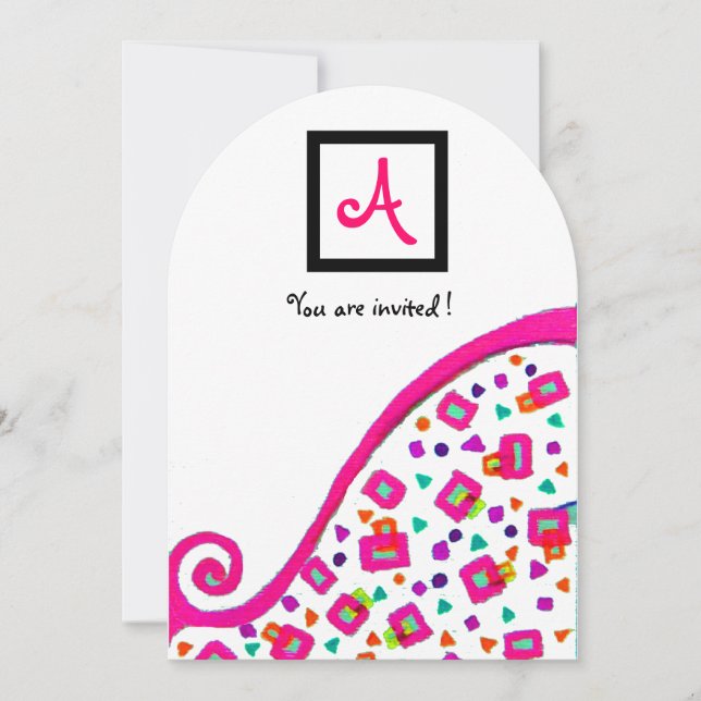 PINK FUCHSIA WHITE ABSTRACT DECO SQUARE MONOGRAM INVITATION (Front)