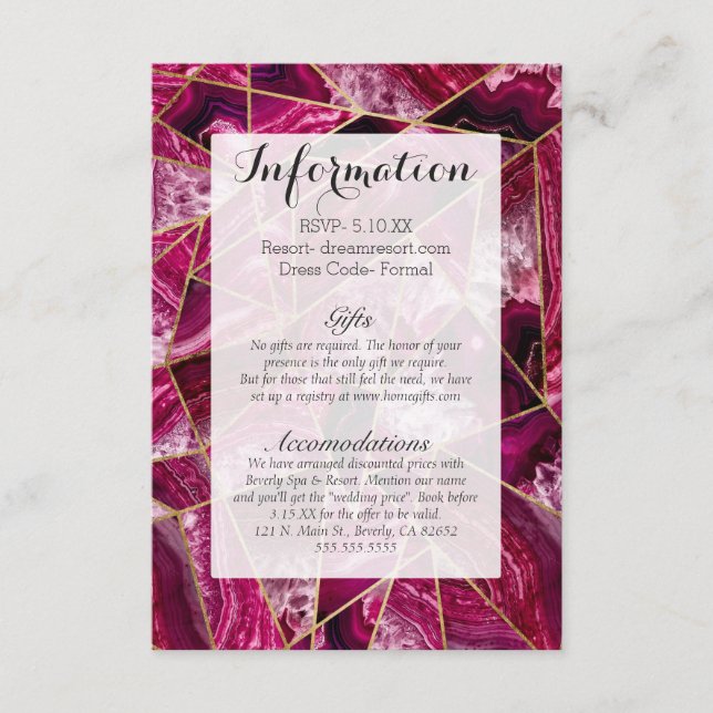 Pink Fuchsia White Agate Gold Geometric Triangles Enclosure Card (Front)