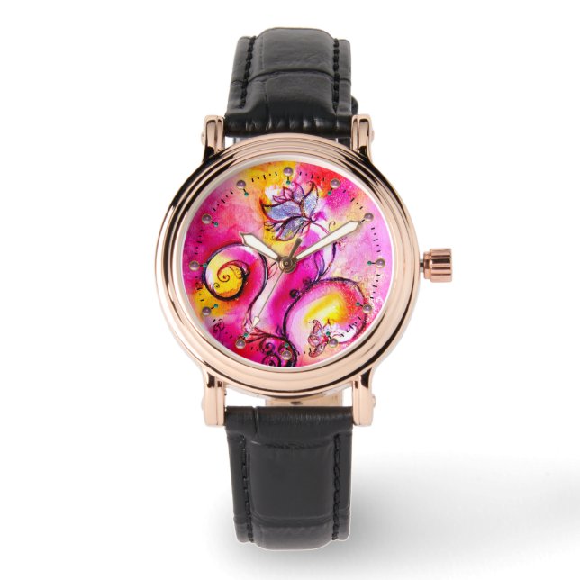 PINK FUCHSIA YELLOW WHIMSICAL FLOWERS WATCH (Front)