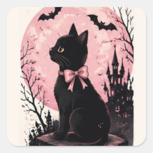 Pink Full Moon Castle Black Cat Square Sticker