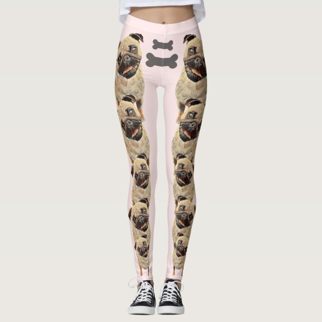 Pink Fun and Funky Pastel Pug Dog Leggings (Front)