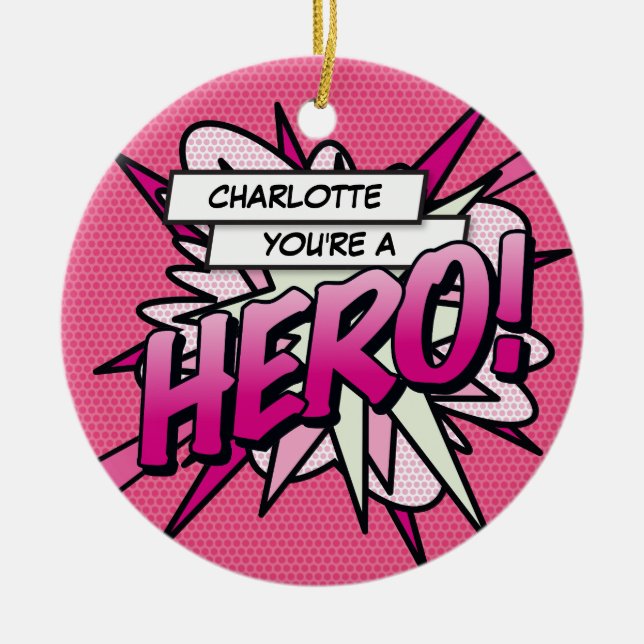 Pink Fun Comic Book HERO Photo Personalised Ceramic Ornament (Front)