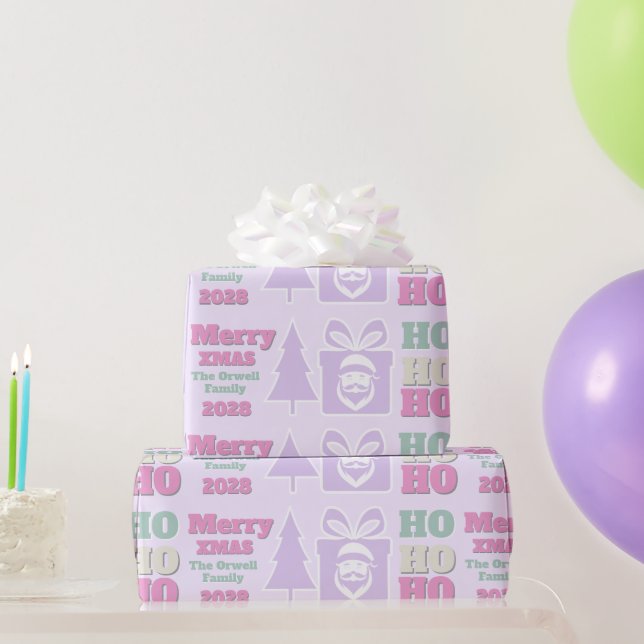 Pink fun HO HO HO xmas Bold text Santa Logo Wrapping Paper (Party Gifts)