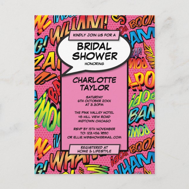 Pink Fun Modern Bridal Shower Comic Book Invitation Postcard (Front)