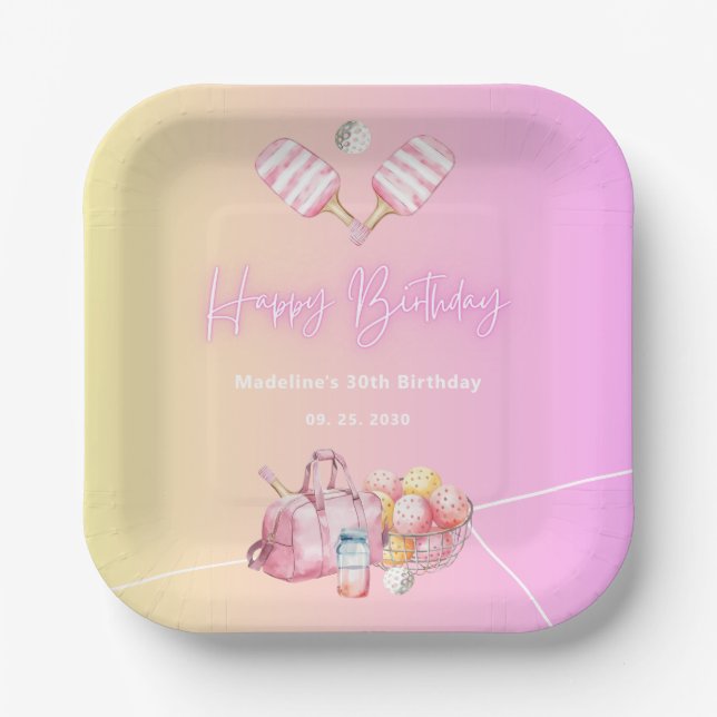 Pink Fun Pickleball 30th Birthday Party Paper Plate (Front)