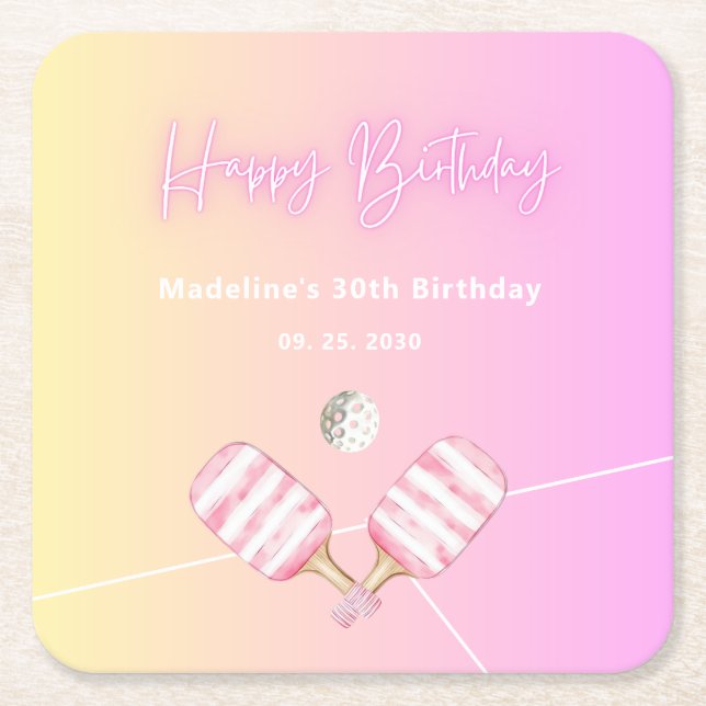 Pink Fun Pickleball 30th Birthday Party Square Paper Coaster (Front)