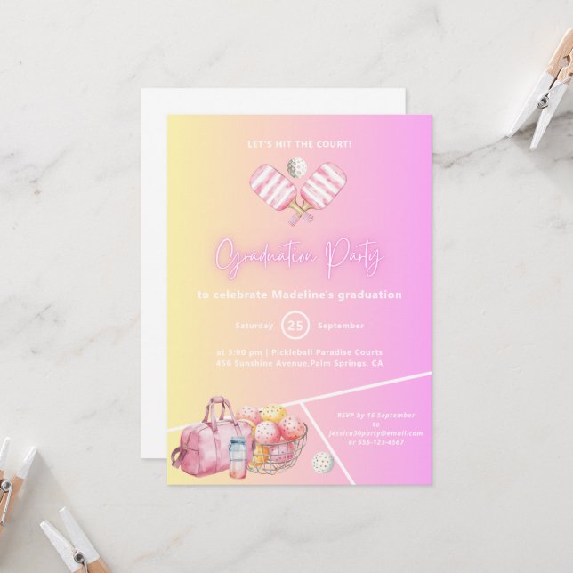 Pink Fun Pickleball Graduation Party Invitation (Front/Back In Situ)