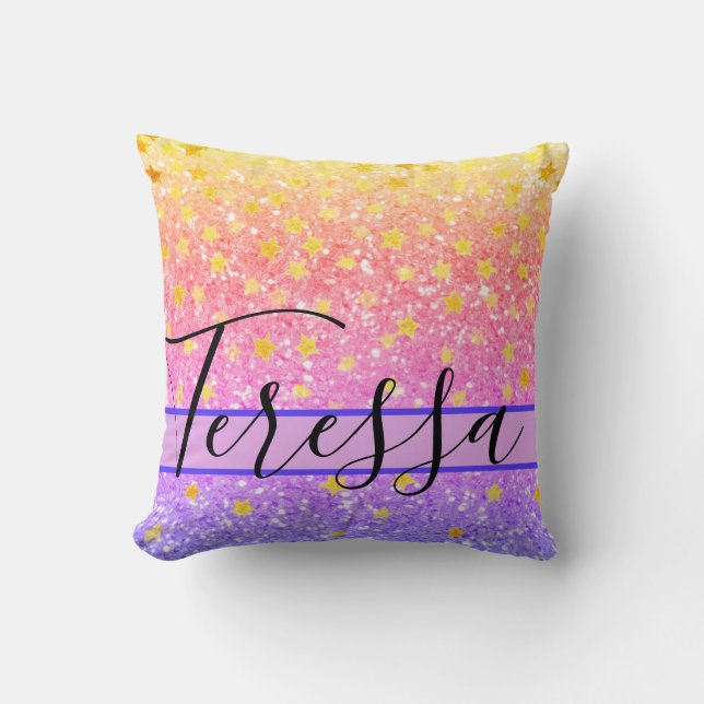 Pink fun sparkling pattern, glittery stars  throw  cushion (Front)