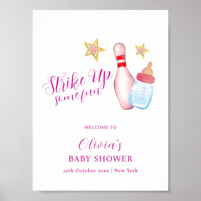 Pink Fun Strike Up Bowling Baby Shower Welcome Poster (Front)